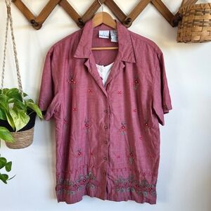 Vintage Bobbie Brooks Large Red Floral Embroidered Beaded Chambray Button Shirt